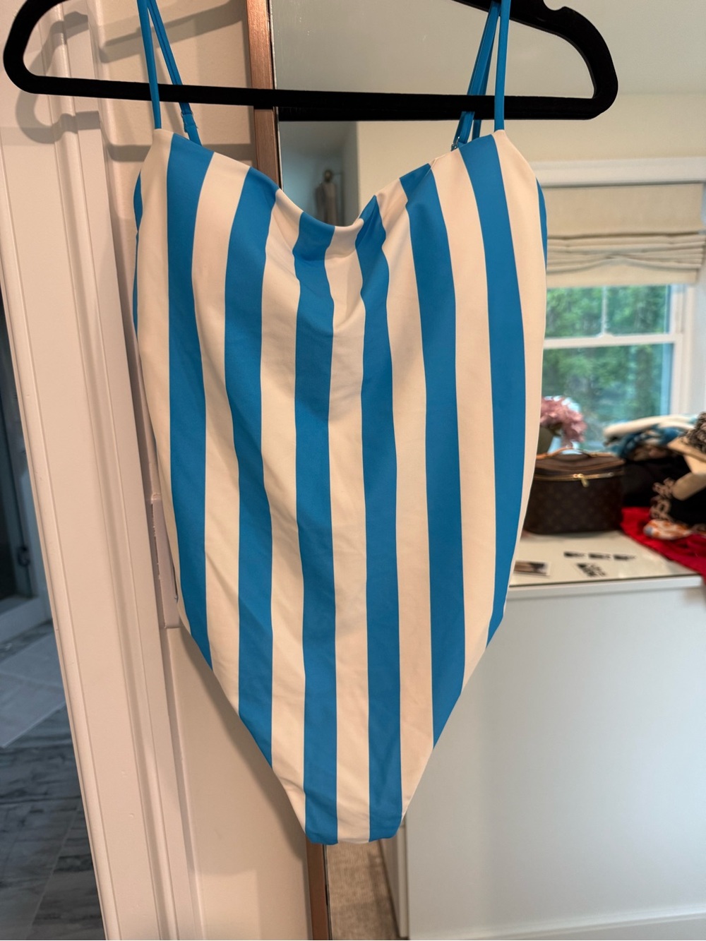 Blue and White Vertical Stripe One-Piece Swimsuit